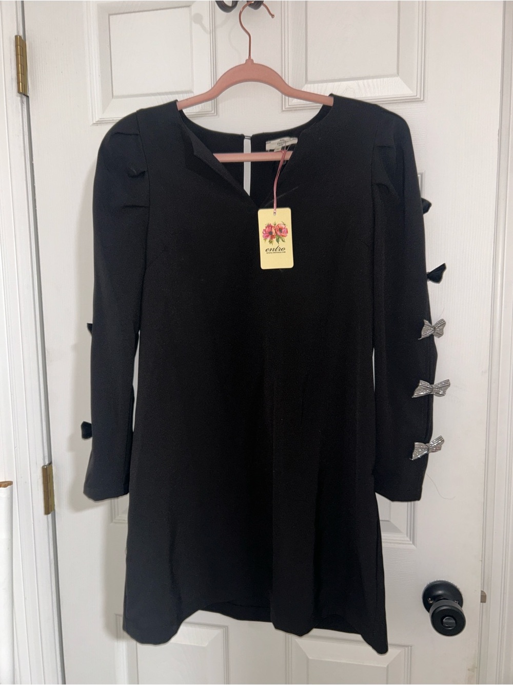 entro Black Long-Sleeve Dress with Sleeve Bows - Picture 1 of 6
